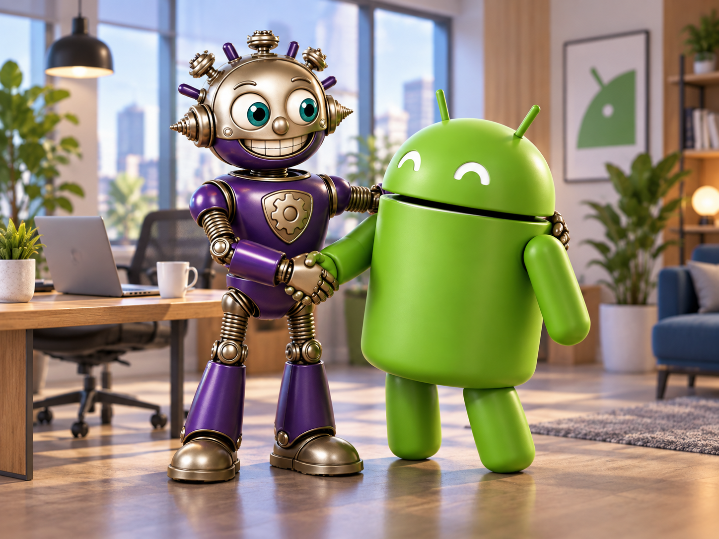 GearHead and the Android robot shaking hands in a modern office