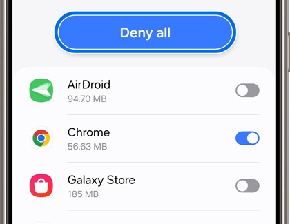 Samsung example: the switch beside Chrome is blue, meaning installation is allowed.