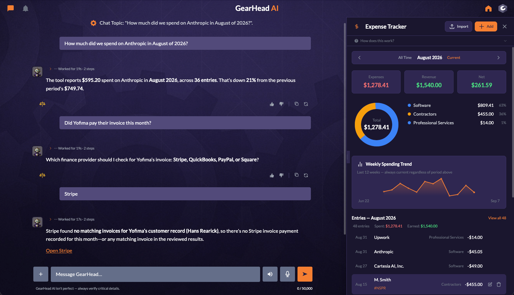 Review expenses, income, and spending trends while asking GearHead about your records.