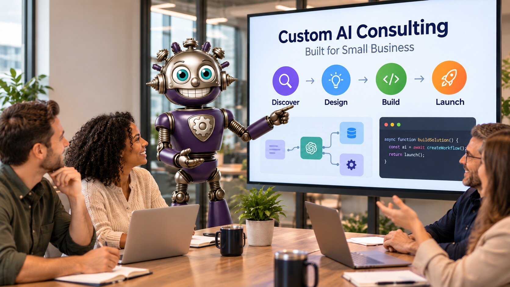 GearHead presenting a discover, design, build, and launch process to a small-business team
