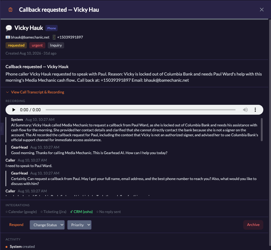 GearHead Phone Agent callback request with call transcript and follow-up controls