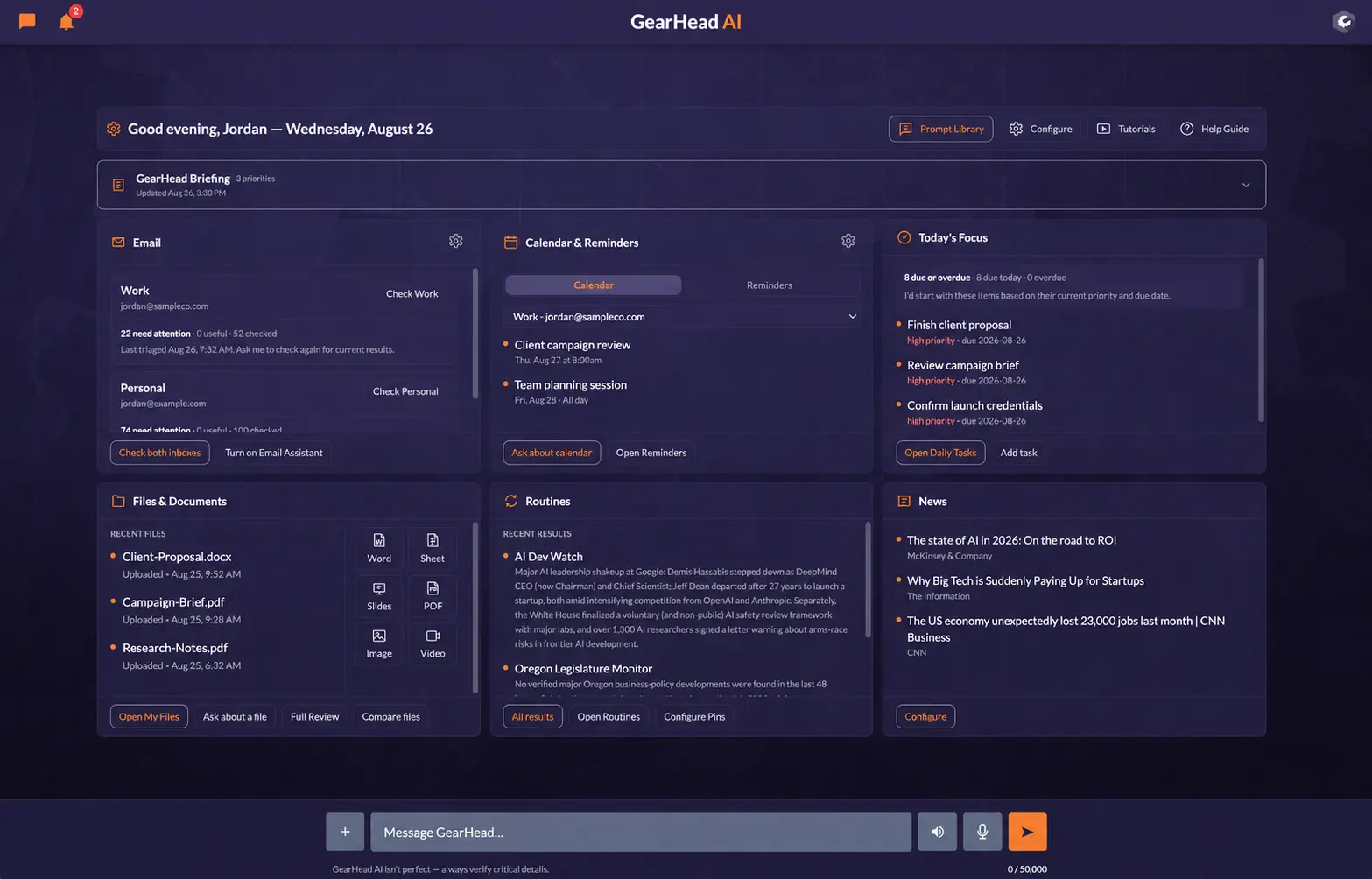 Sanitized GearHead AI work Dashboard showing email, calendar, priorities, files, routines, news, and the chat composer